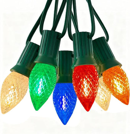 C7 LED Christmas Lights Outdoor,25FT Multicolor C7 Christmas Light with 27 0.6w Diamond Bulb Fit E12 Base,Xmas Lights Outdoor for House, Yard, Garden, Christmas Tree Decoration, Green Wire