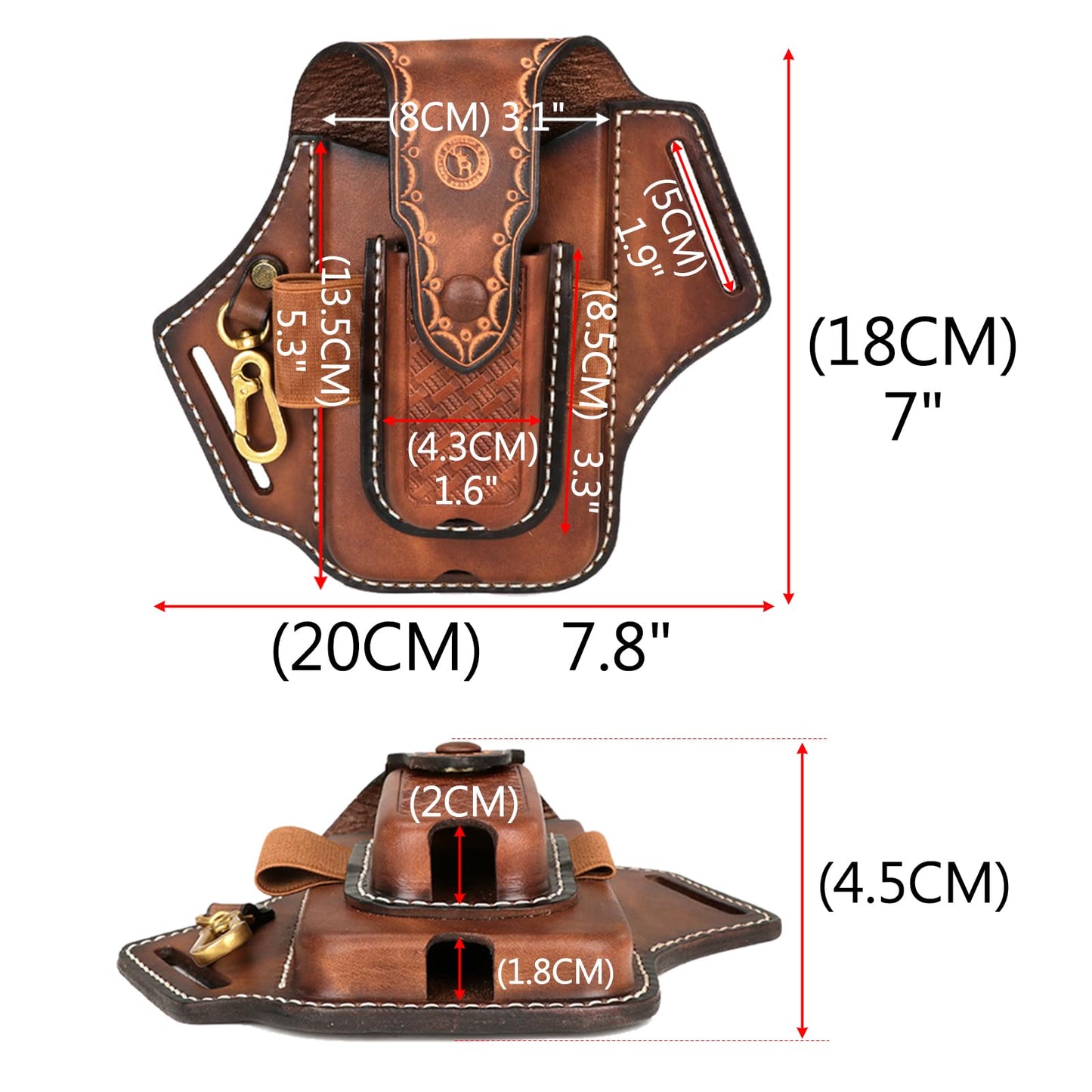 Tourbon Leather Cell Phone Holster Pouch Case Tool Multitool Sheath Flashlight Slot Holder & Keychain Clip with Magnetic Closure for Belt (Brown)