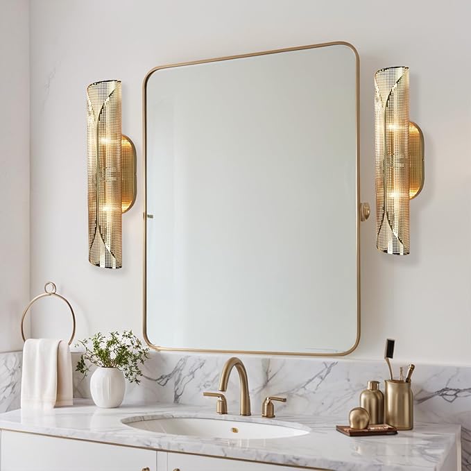 21.6 Inch Curved Perforated Double Wall Sconce, Hand-Made Aged Brass Metal Wall Mounted Light Over Mirror, Luxury Wall Light for Bedroom, Elegant Light Fixture for Indoor