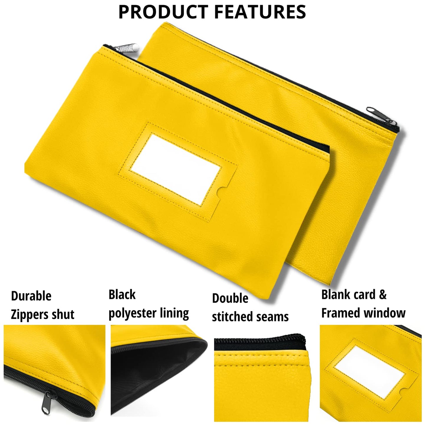 Money Bank Deposit Bag with Zipper | 11x6 inch | Yellow | Durable Leatherette Money Cash Coin Check Wallet Pouch for Men & Women with Framed ID Window and Blank Card | by GIDABRAND (7)