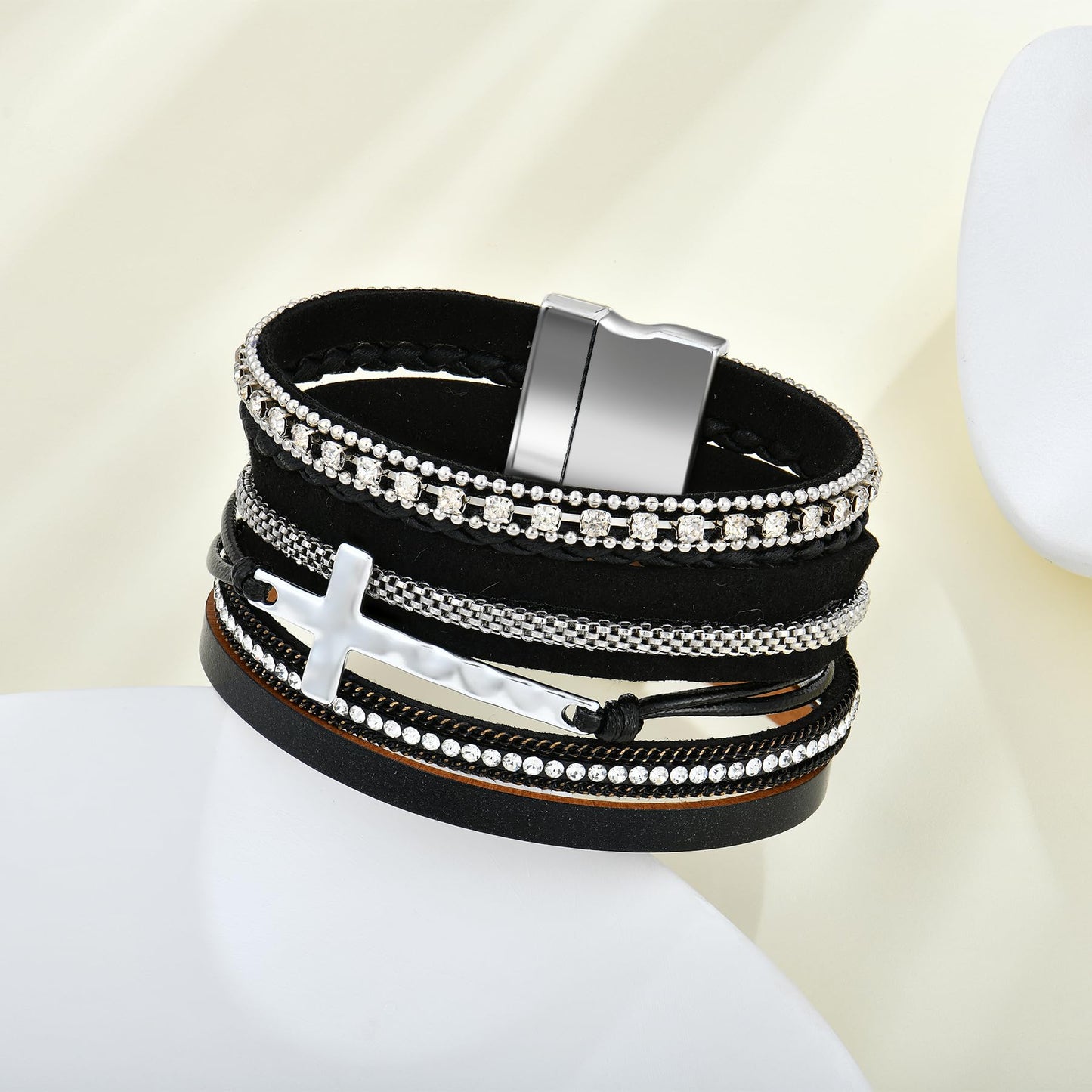 CARICY Cross Bracelets Leather Wrap Bracelets for Women Trendy Layered Clasp Bangle Cuff Stacked Bracelet Jewelry Birthday Christmas