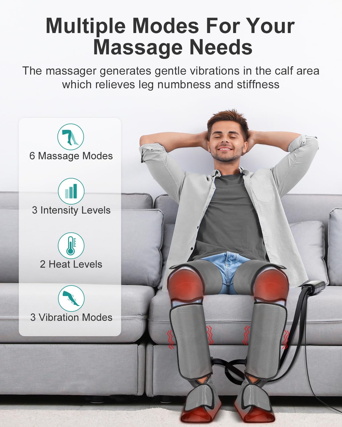 Nekteck Leg Massager for Circulation and Pain Relief, Air Compression Foot Calf Thigh Massager with 2 Heat and 3 Vibration Functions, 6 Modes 3 Intensities, Help for Muscles Relaxation