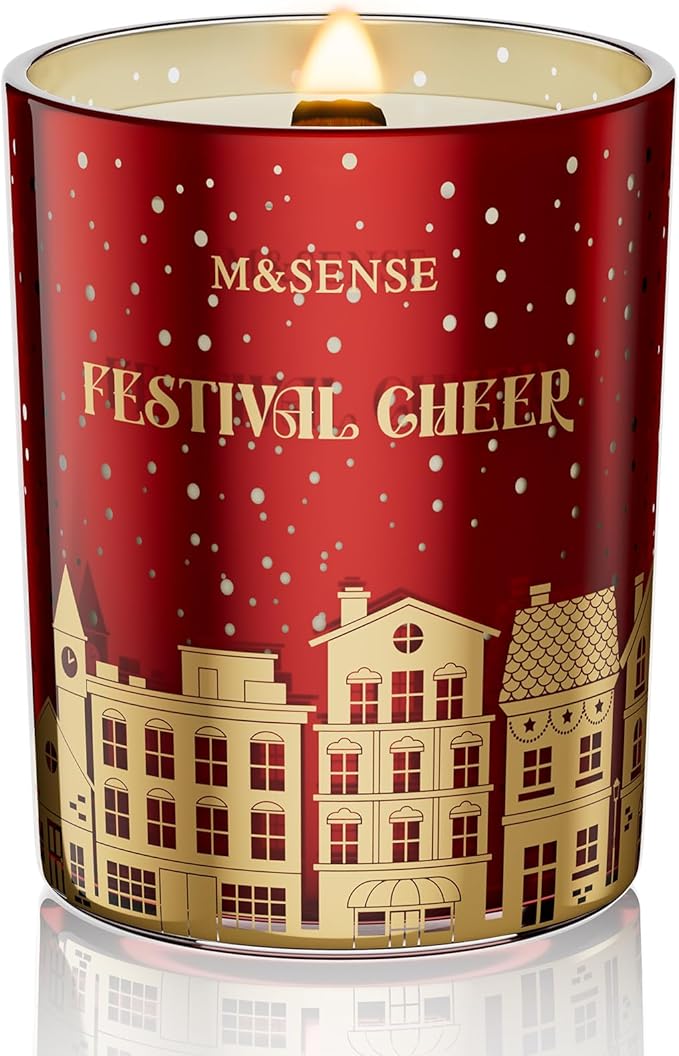 M&SENSE Festival Cheer Wooden Wick 18oz Almond & Apple Scented Clean Natural Soy Wax Candle, 100 Hours Burn Aromatherapy Large Candle for Housewarming Bathroom Bedroom