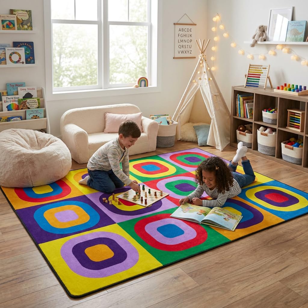 Kids Rug, Classroom Carpets Playmat Rugs - 5x7 Ft Kids Carpet with Rubber Backing, Colorful Children's Classroom Seating Rug Play Mat Nursery Rugs for Children Bedroom Playroom Elementary