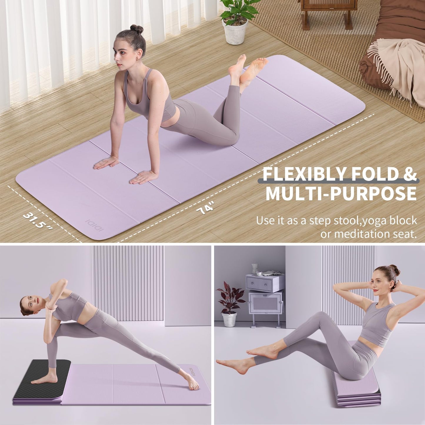 Foldable Extra Large Yoga Mat 74"×31.5", 8mm Double-Sided Non Slip Lightweight Fitness Mat for Adults & Kids, Portable for Home Studio & Travel