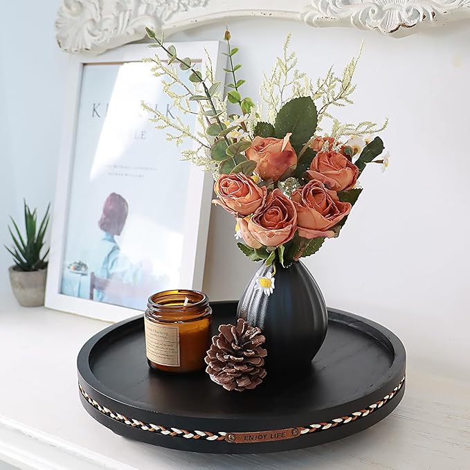 Decor Decorative Round Tray 11.81in for Home Decor for Coffee Table Farmhouse Kitchen Table Living Room Bathroom Centerpiece Tray Decor Black with Stripes