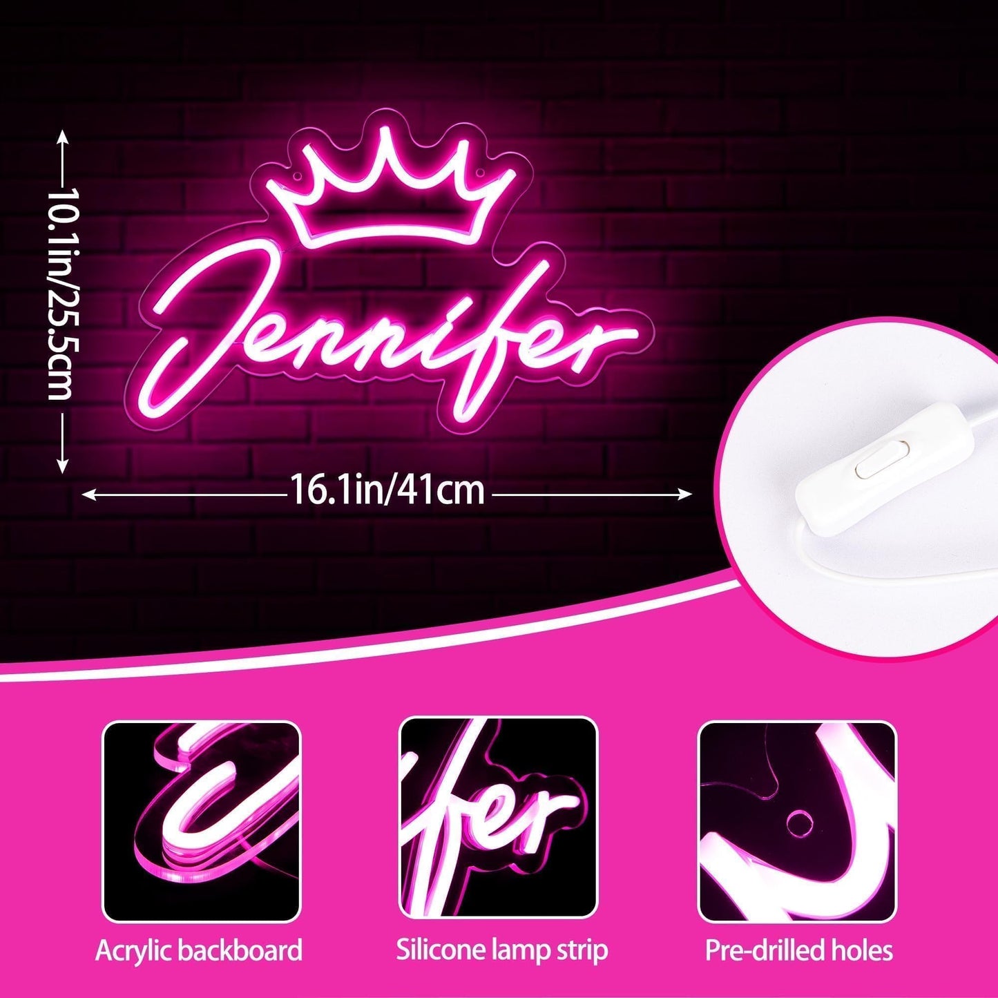 ATTNEON Jennifer Name Neon Sign,LED Jennifer Name Neon Light for Kids Bedroom,Birthday Party Jennifer Decoration,Neon Sign Customizable for Girl,Birthday Name Deocr,Size 16.1 * 10 inch(JTD046)