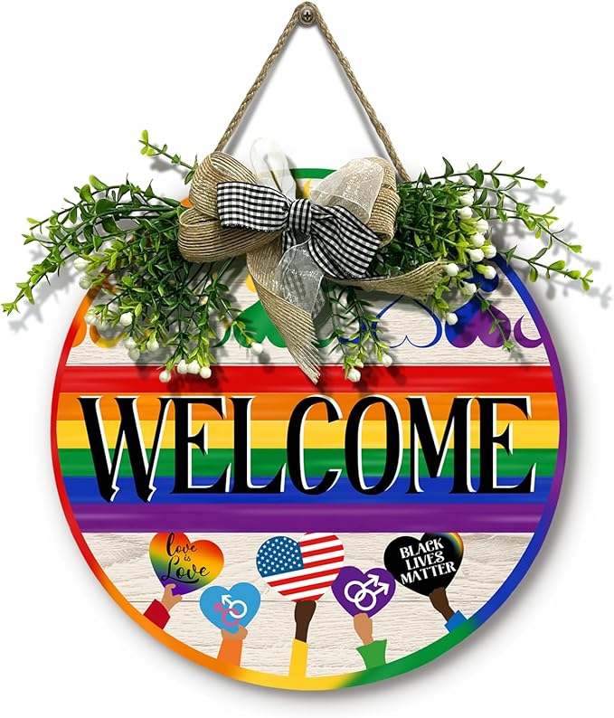 Gay Pride Progress Pride Rainbow Door Sign Welcome LGBTQ Love Heart Round Wood Sign with Bow Wreath Lesbian Parade Day Pansexual Bisexual Transgender Hang Sign for Front Door Diversity 12 In