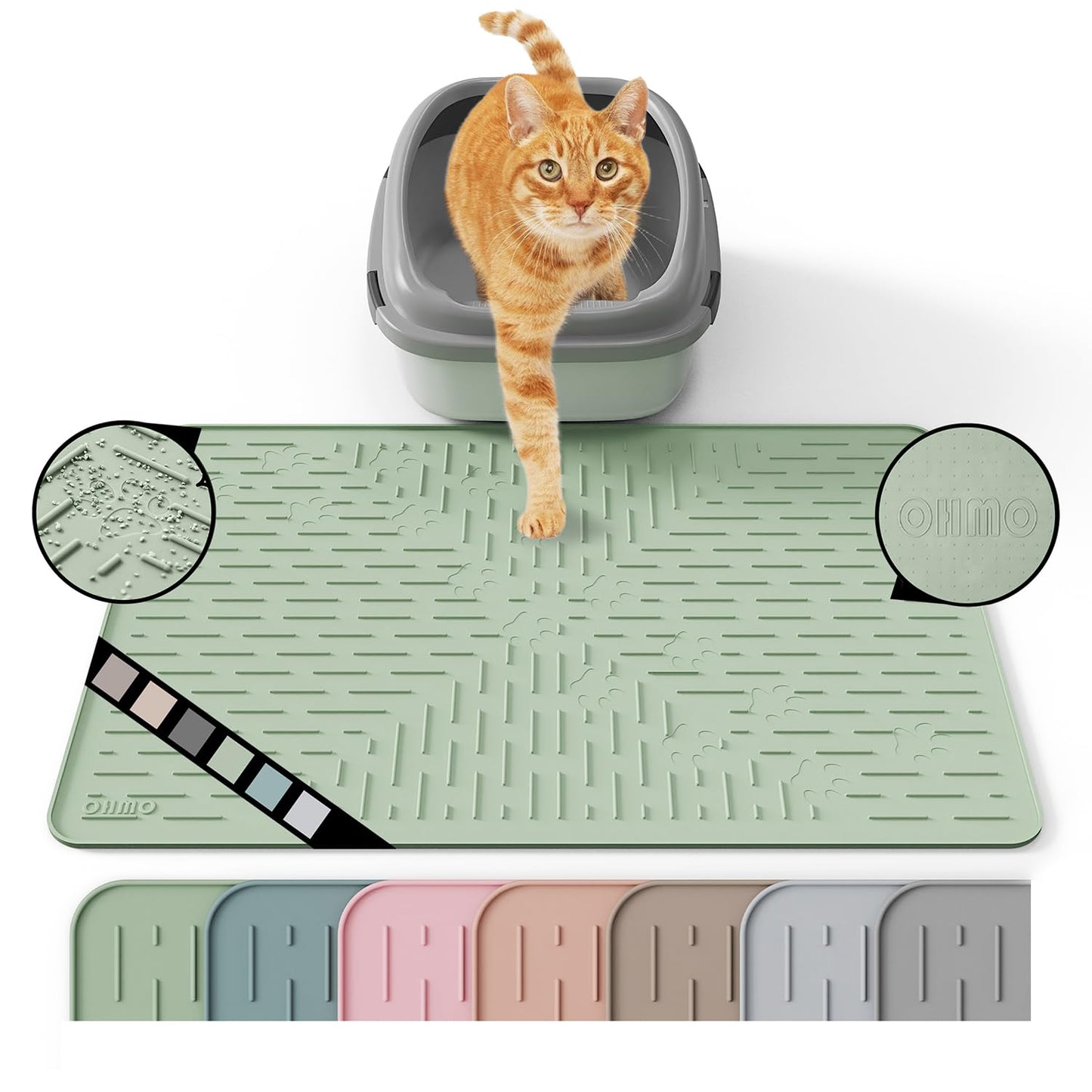 OHMO Cat Litter Mat Large Trapping Mat Premium Silicone Rubber 23.5x16 Sage Green, Waterproof and BPA Free Kitty Litter Box Mat, Easy to Clean and Keeps the Floor Tidy