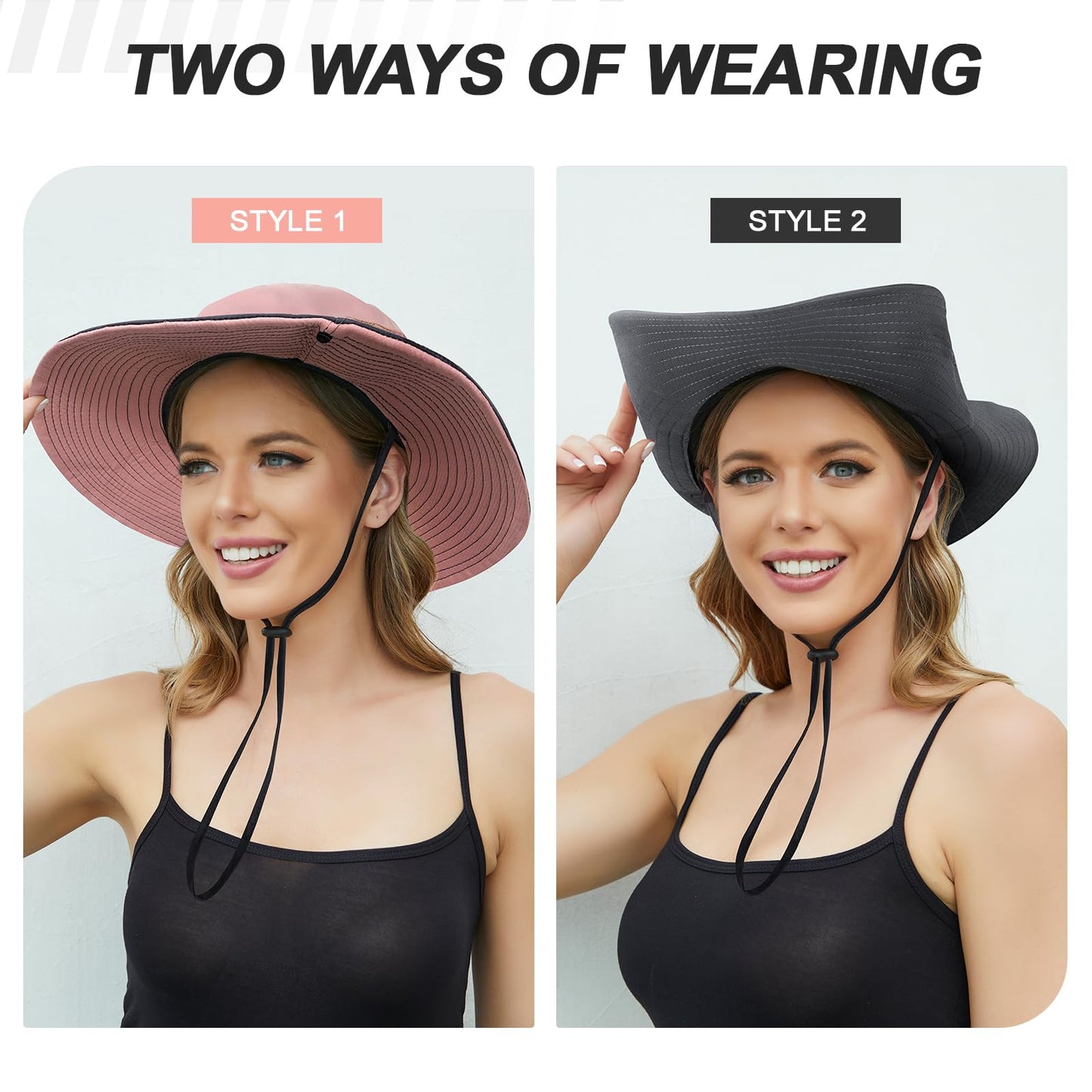 Sun Hats for Women, Wide Brim Beach Bucket Hats with Ponytail Hole, Outdoor UV Protection Foldable Fishing Hat Cooling Mesh Hiking Bucket Hat, Pink