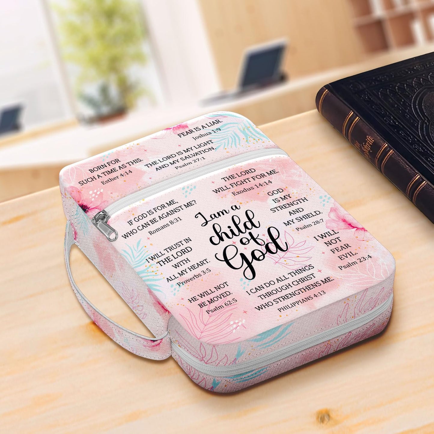 MYSMOR I Am A Child Of God Bible Cover for Women, Floral Scripture Bible Case with Handle and Zipper Pocket, Christian Bible Bag for Girls, Fits Standard Size, Church Gift for Faith and Prayer