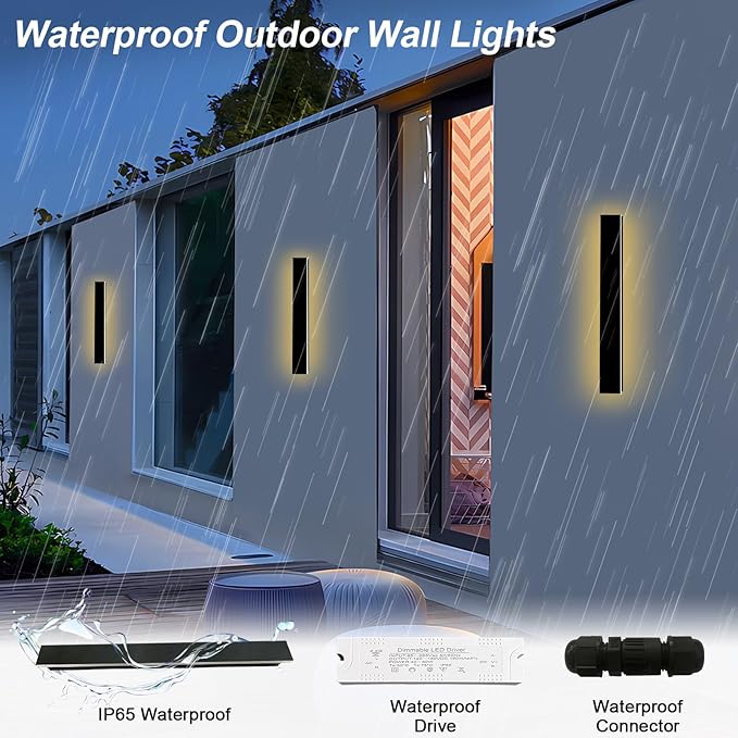 2 Pack 24in Long Outdoor Modern Wall Light,2700K-6500K /3CCT Dimmable Black LED Exterior Light Fixtures Wall Mount, Long LED Linear Wall Lamp Outside Lighting for Garage, Front Door