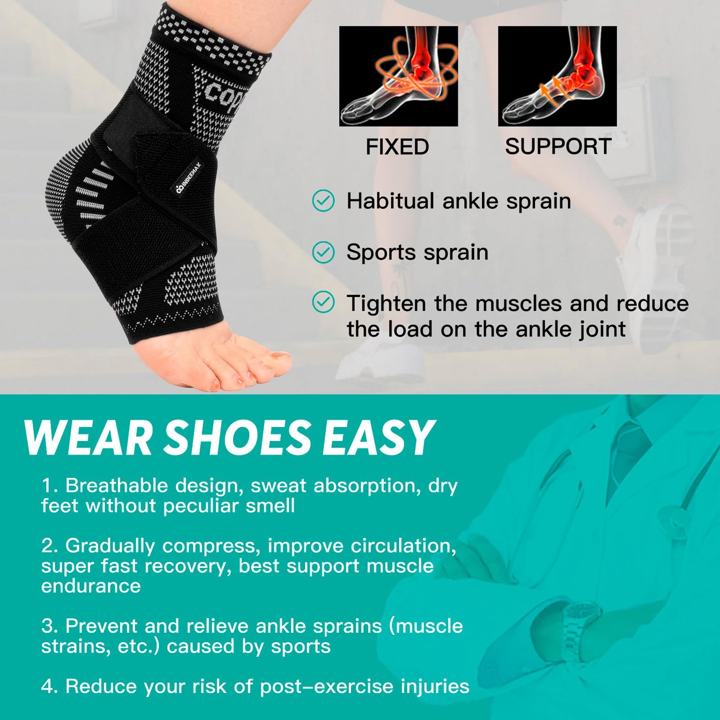 INDEEMAX Ankle Brace for Women & Men, Ankle Compression Sleeve Support Copper Infused Ankle Brace for Sprained Ankle, Plantar Fasciitis Sports, Achilles Tendonitis Pain Relief, Silver Black, M