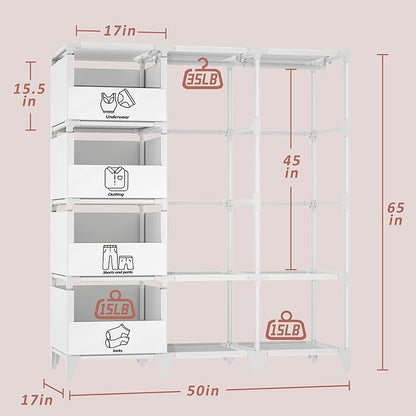 Portable Closet, Easy Assembly, Large Capacity Wardrobe Closet, Sturdy and Stable Clothes Rack with Shelves 4 Storage Baskets and 2 Hanging Rods, for Bedroom and Cloakroom White