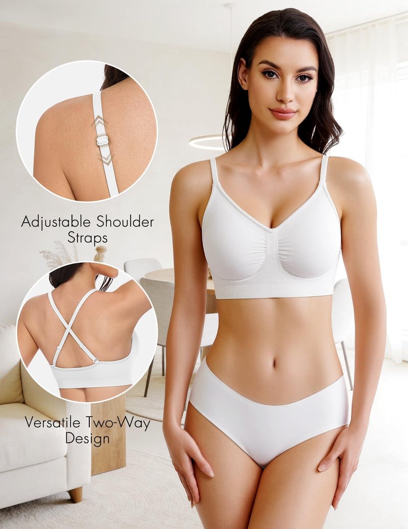 WANAYOU Bras for Women Bralettes for Women with Support Wireless Bras Compfortable No Underwire Push Up Padded Bra Seamless Soft Lift Everyday Bra V Neck Ajustable Straps T Shirt Bra 3 Pack