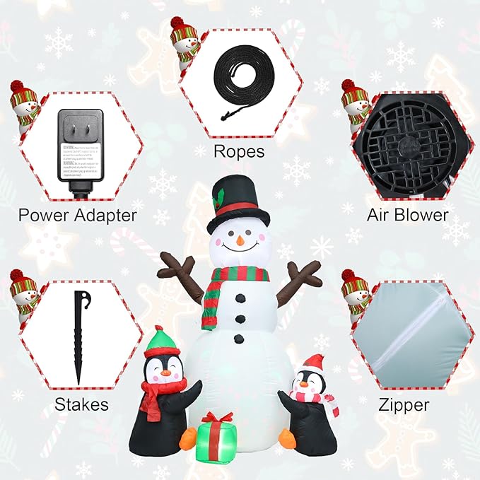 6 FT Christmas Inflatable Decorations, Infaltables Snowman with 2 Penguins Built-in Twinkle Colorful LED Lights Christmas Blow up Yard Decorations for Xmas Garden Patio Lawn Decor