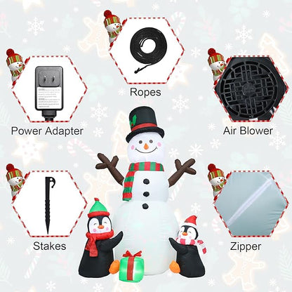 6 FT Christmas Inflatable Decorations, Infaltables Snowman with 2 Penguins Built-in Twinkle Colorful LED Lights Christmas Blow up Yard Decorations for Xmas Garden Patio Lawn Decor