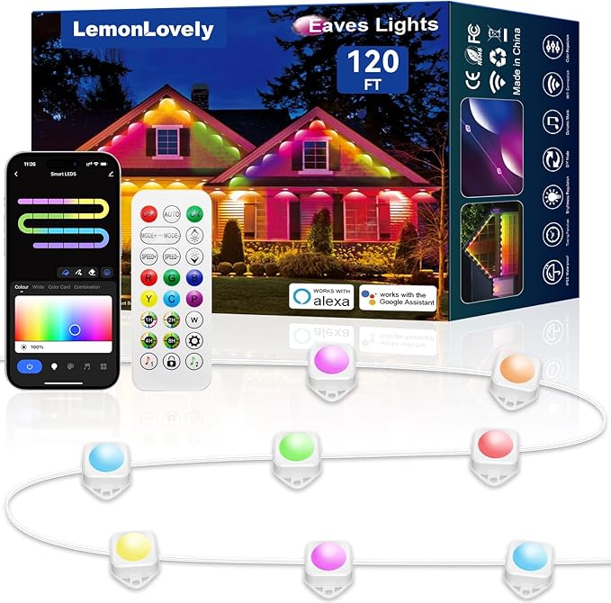 Permanent Outdoor Lights for House, 120ft with 88 Smart IC+RGBCW LED Lights, IP67 Waterproof Eaves Light for Daily Christmas Decorations, Work with Remote, APP, Alexa, White
