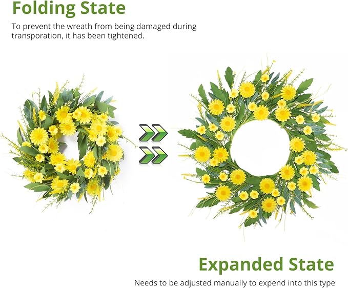 Front Door Wreath for Spring Summer 22"-24" Yellow Daisy Wreath with Artificial Greenery and Wildflowers - Farmhouse Floral Wreaths for Wall Porch Home Indoor Outdoor Décor