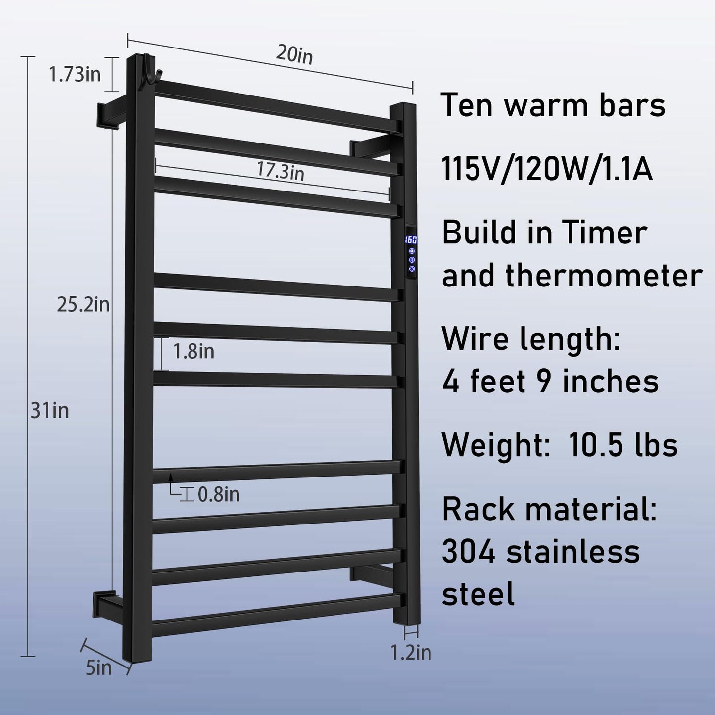 Towel Warmer Rack for Bathroom with Timer/Fahrenheit Temperature Control Wall Mounted Electric Heated 10 Bar Rail Plug-in or Hardwired Keep Bath Shower Towel Warming (Brushed Gold)