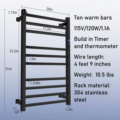 Towel Warmer Rack for Bathroom with Timer/Fahrenheit Temperature Control Wall Mounted Electric Heated 10 Bar Rail Plug-in or Hardwired Keep Bath Shower Towel Warming (Brushed Gold)