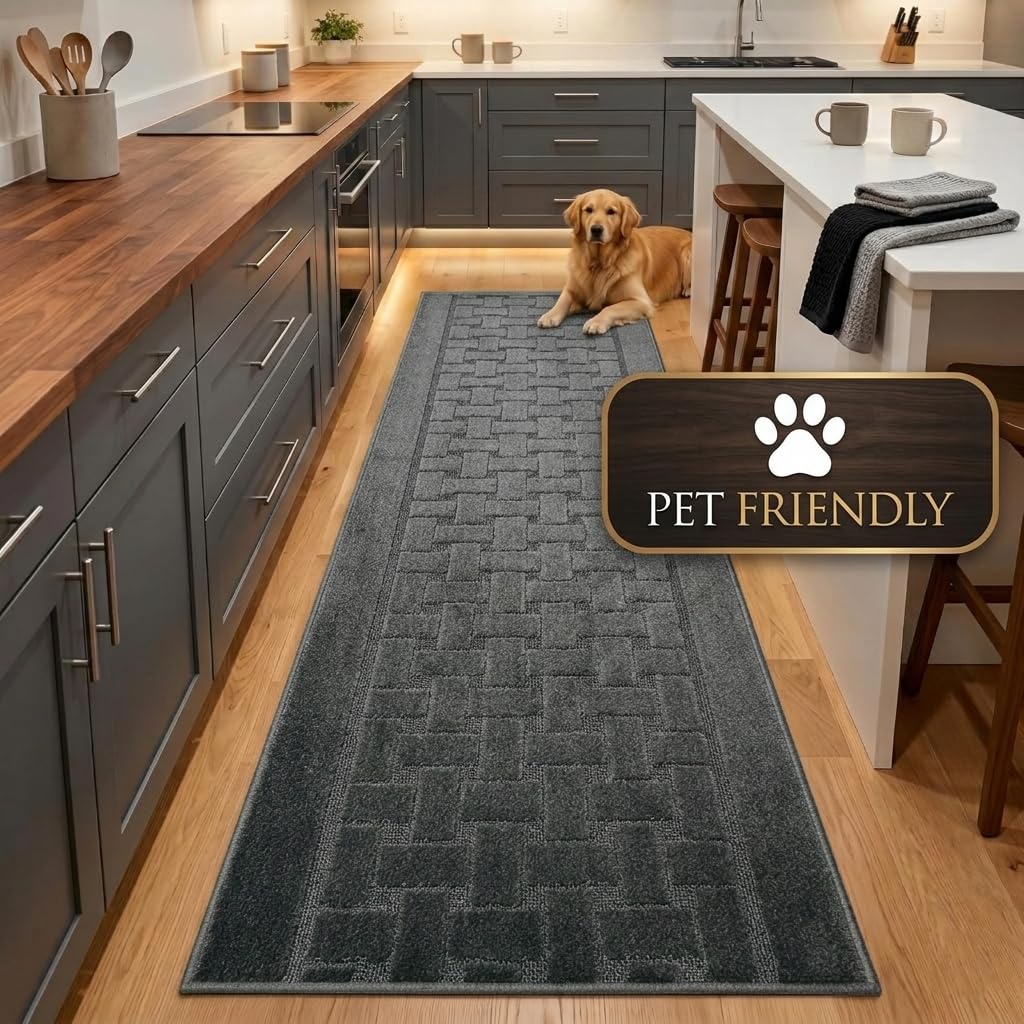 Non Slip Washable Carpet Runner Rug with Rubber Backing, Custom Floor Mat for Kitchen Hallway Stairs Bedroom Bathroom Entry, Anthracite Grey, Your Choice of Length, 26 Inch X 7 feet