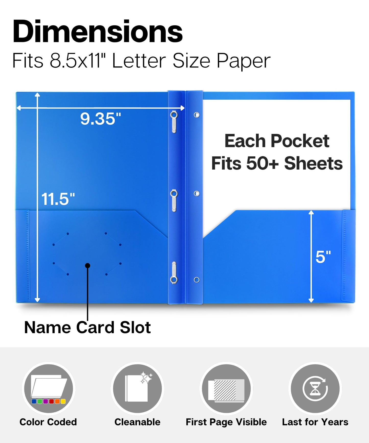 Dunwell 2-Pocket 3-Prong Folders with Clear Front View Pocket, 6 Vibrant Colors, Durable Acid-Free Poly Plastic, 3-Hole Binders with Brads and Pockets, Include Labels