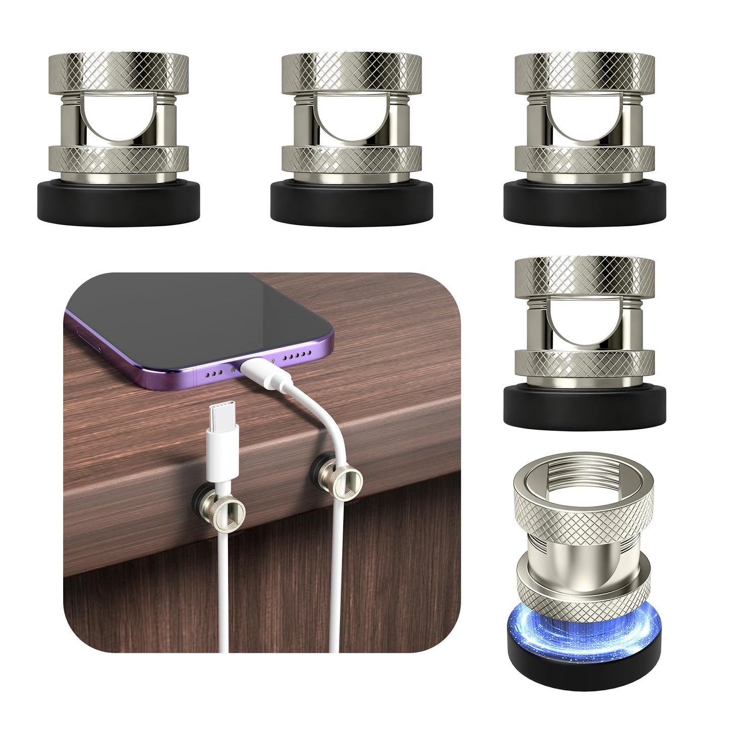 Maveek Magnetic Cable Holder Clips 6 Pack, Stainless Steel Magnet Cord Organizer Adjustable Wire Management For USB Charging Wires, Desk Office Car Dash Cam