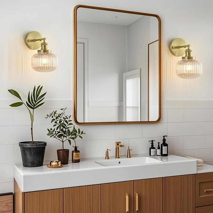 Vintage Wall Sconces with Amber Pumpkin Glass Lampshade, Indoor Bathroom Wall Sconce, Modern Gold Industrial Lighting Fixture for Mirror Living Room Hallway 2 Pack