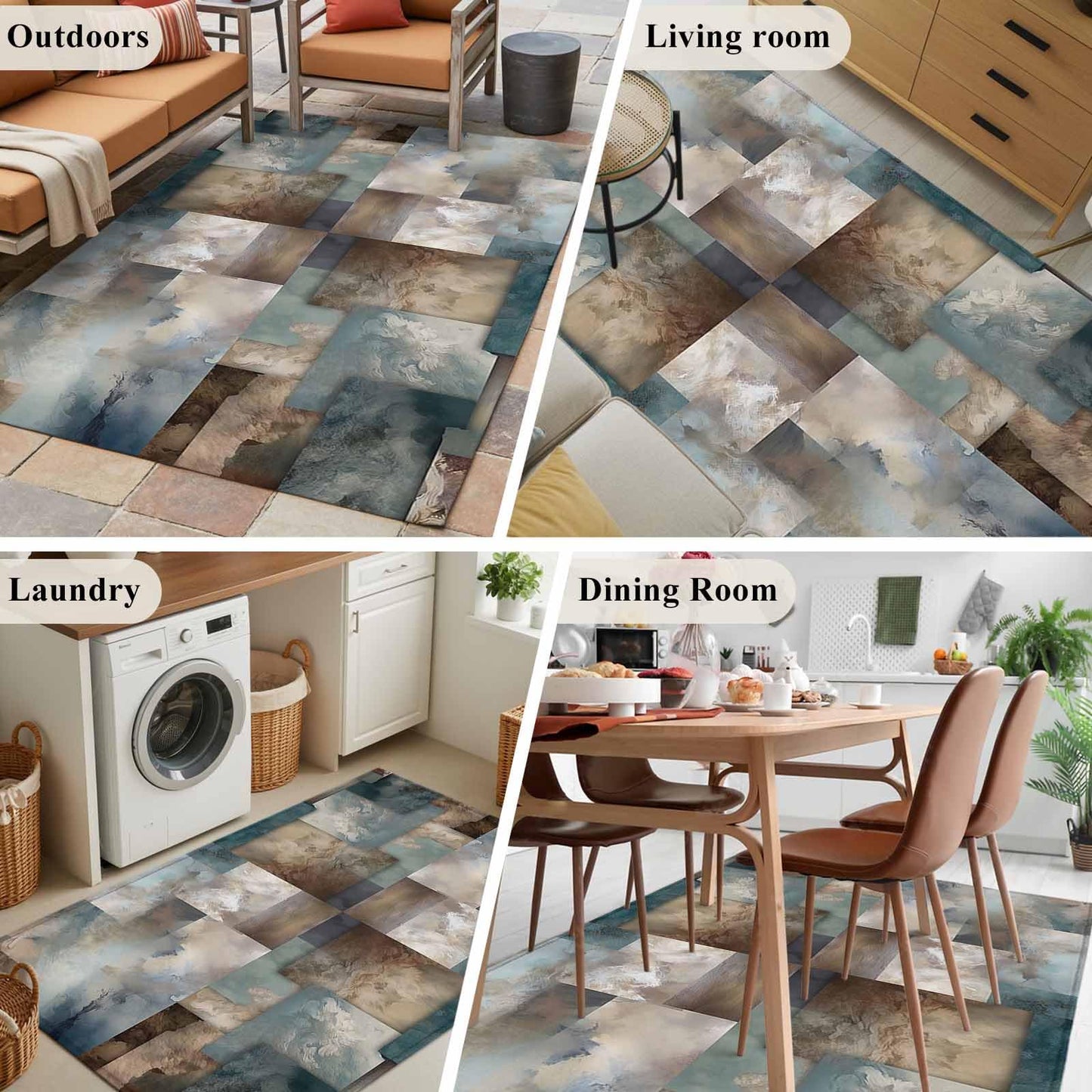 Area Rug 4'x6', Blue Brown Geometric Non-Slip Runner Rug Carpet for Bedside, Modern Ombre Abstract Art Washable Outdoor Indoor Area Rugs Mat for Entryway/Living Room/Bedroom/Kitchen/Office