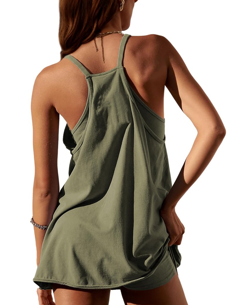Lentta Womens Athletic Sleeveless Mini Dress with Built-in Shorts V Neck Spaghetti Strap Sundress(ArmyGreen-M)