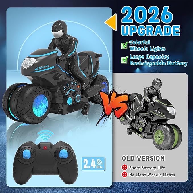 RC Motorcycle Remote Control Motorcycle with RGB Wheels Lights - 360-degree Rotations Drifts High-Speed RC Car Dirt Bike Toy for Boys 4-7 8-12 Years Kids