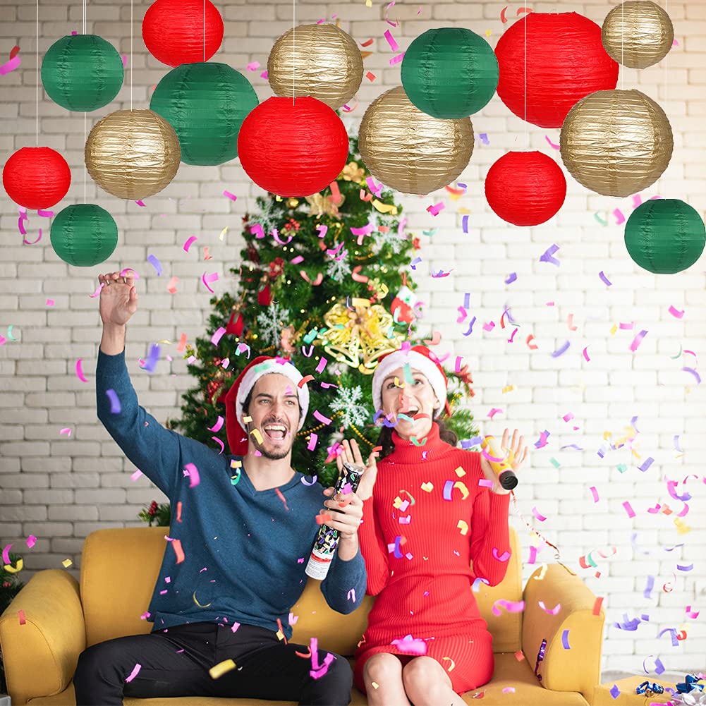 zilue Paper Lanterns Decorative, Round Hanging Paper Lanterns Decorations for Christmas Graduation Anniversary Birthday Party Supplies Green/Red/Gold 15pcs