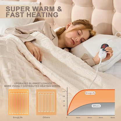 SnugLife Electric Blanket Queen Size,84" x 90" Heated Blanket with Dual Control,10 Time Settings & 6 Heat Settings,Fast Heating Blanket with Overheat Protection & ETL Certification(Cream)