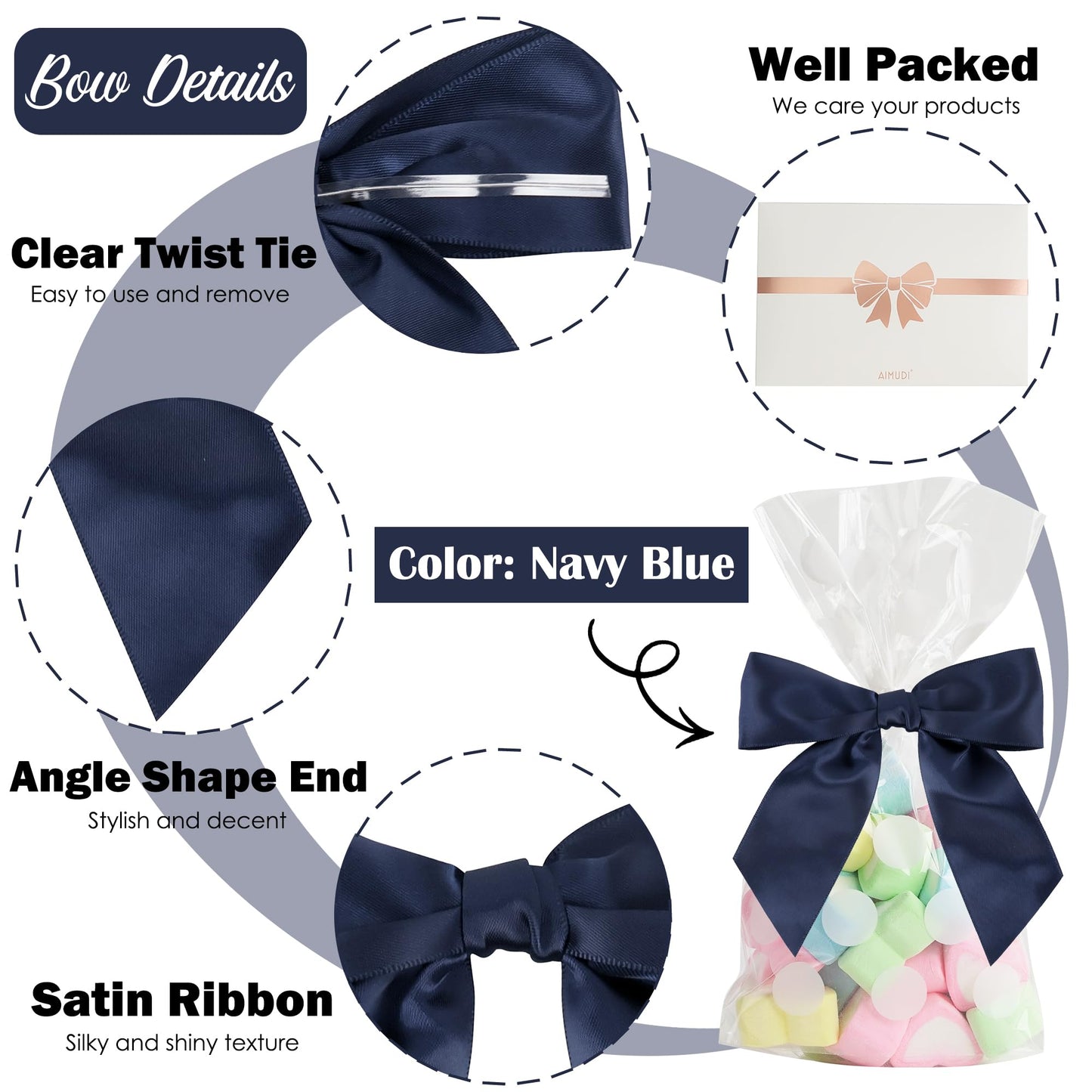 AIMUDI Navy Satin Ribbon Twist Tie Bows for Treat Bags 4.5" Pre-Tied Navy Blue Bows for Christmas Tree Blue Ribbon Bows for Crafts Premade Bows for Gift Wrapping Baby Shower Party Favors - 36 PCs