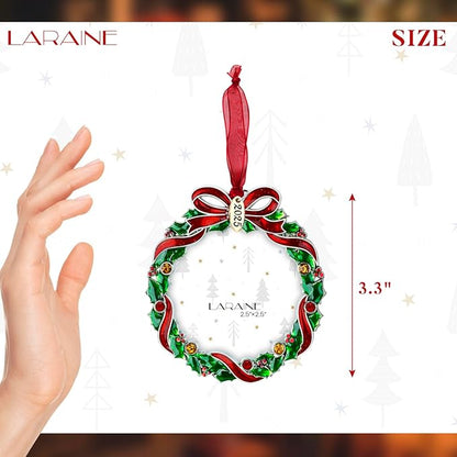 Laraine Christmas Tree Ornaments – Decorative Hanging 2025 Holiday Keepsake Gift Pendant with 2.5" Photo Frame Insert for Picture of Pet (Wreath (2025))