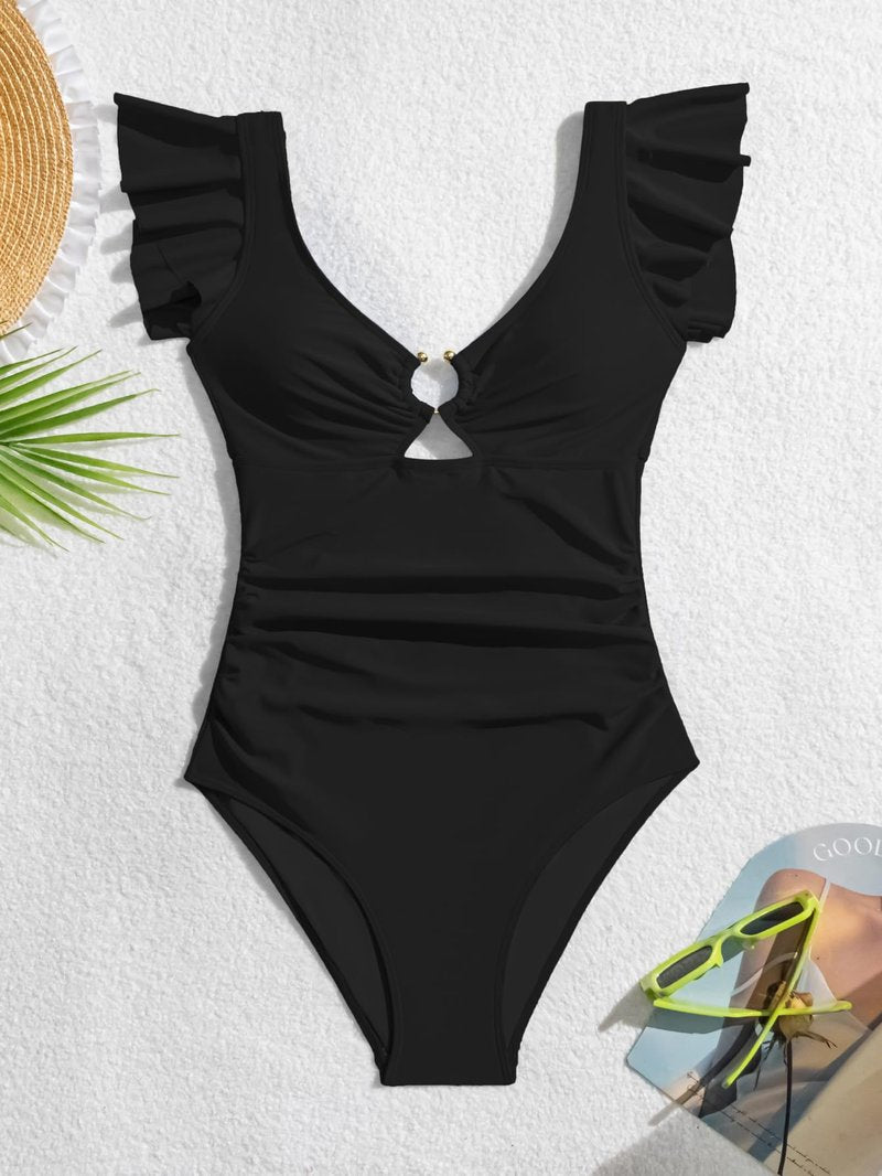 Eomenie Womens Ruffled One Piece Swimsuit Slimming Tummy Control Bathing Suit V-Neck Cutout Swimwear for Resort Wear Black