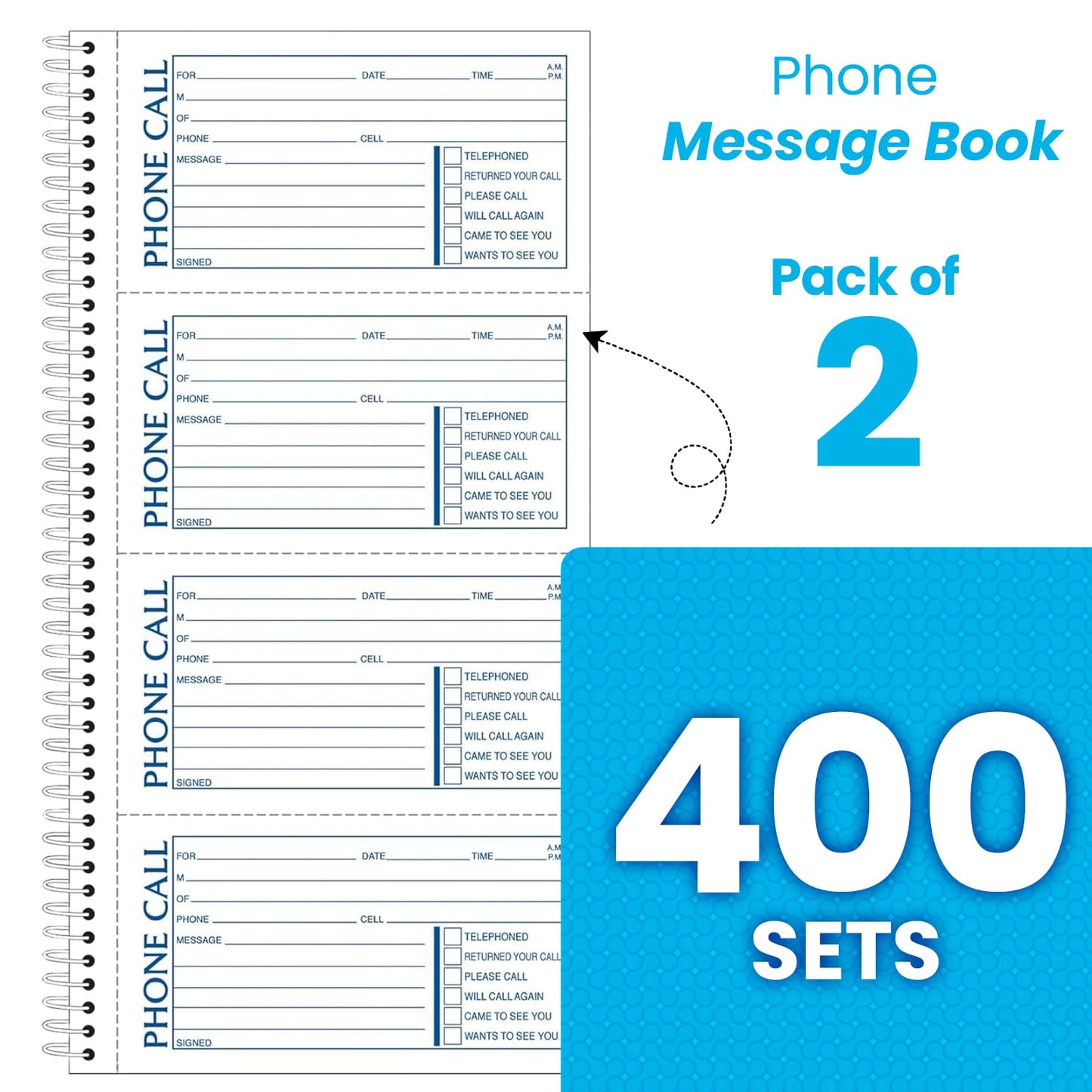 Adams Phone Message Book, 5.25 x 11 Inch, Spiral Bound, 2-Part, Carbonless, 4 Messages per Page, 400 Sets, 2-Pack, White and Canary (S1154-2D)