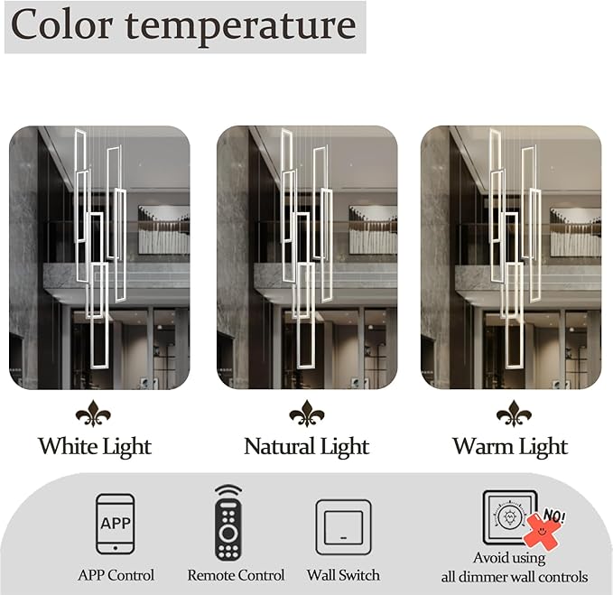 Flashing God Large Modern Chandeliers, Silver with 6 Ring Led Foyer High Ceiling Chandelier for Living Room, Rectangle for Entryway Staircase LED Dimming 2700k-6001k