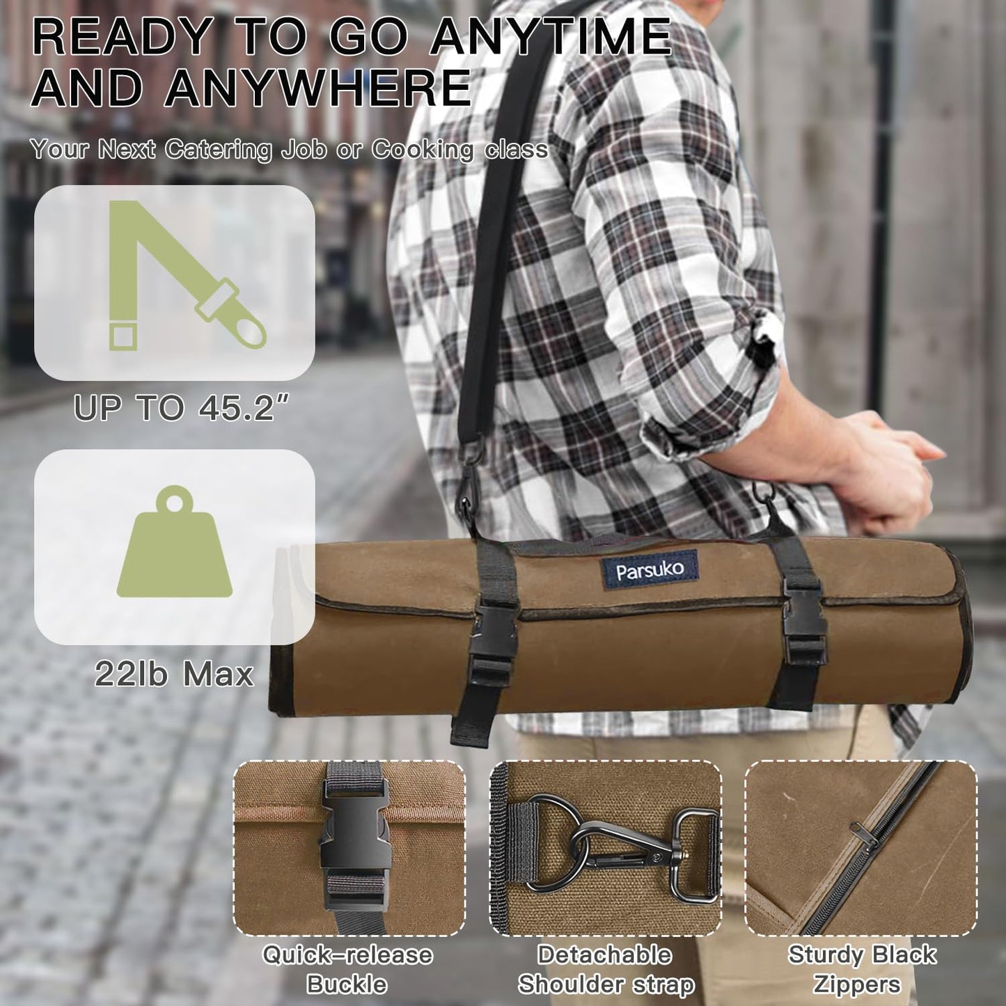 Chef Knife Roll Bag,Waterproof Waxed Canvas Knife Case Holds,Knives Roll Bags for Chefs Professional with Adjustable Strap,Chef Backpack (Brown)