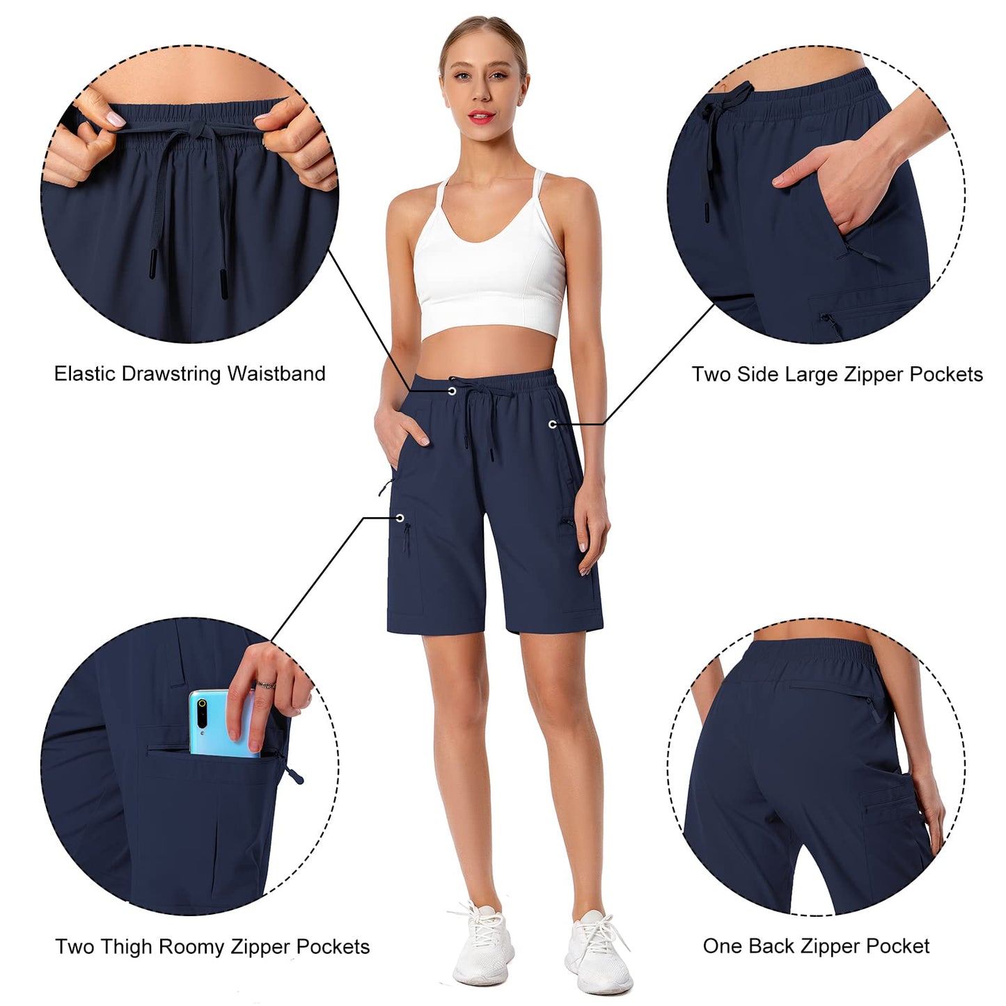 Hugut Women's Lightweight Hiking Cargo Shorts Quick Dry Athletic Shorts Camping Travel Golf Zipper Pockets Water Resistant Navy
