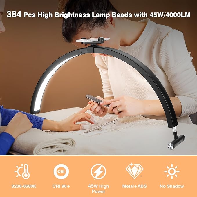 Nail Light for Desk, 30'' LED Half Moon Lamp for Nail Techs, Manicure and Handicraft, Adjustable Color Modes and Brightness, with Phone Holder (Black)