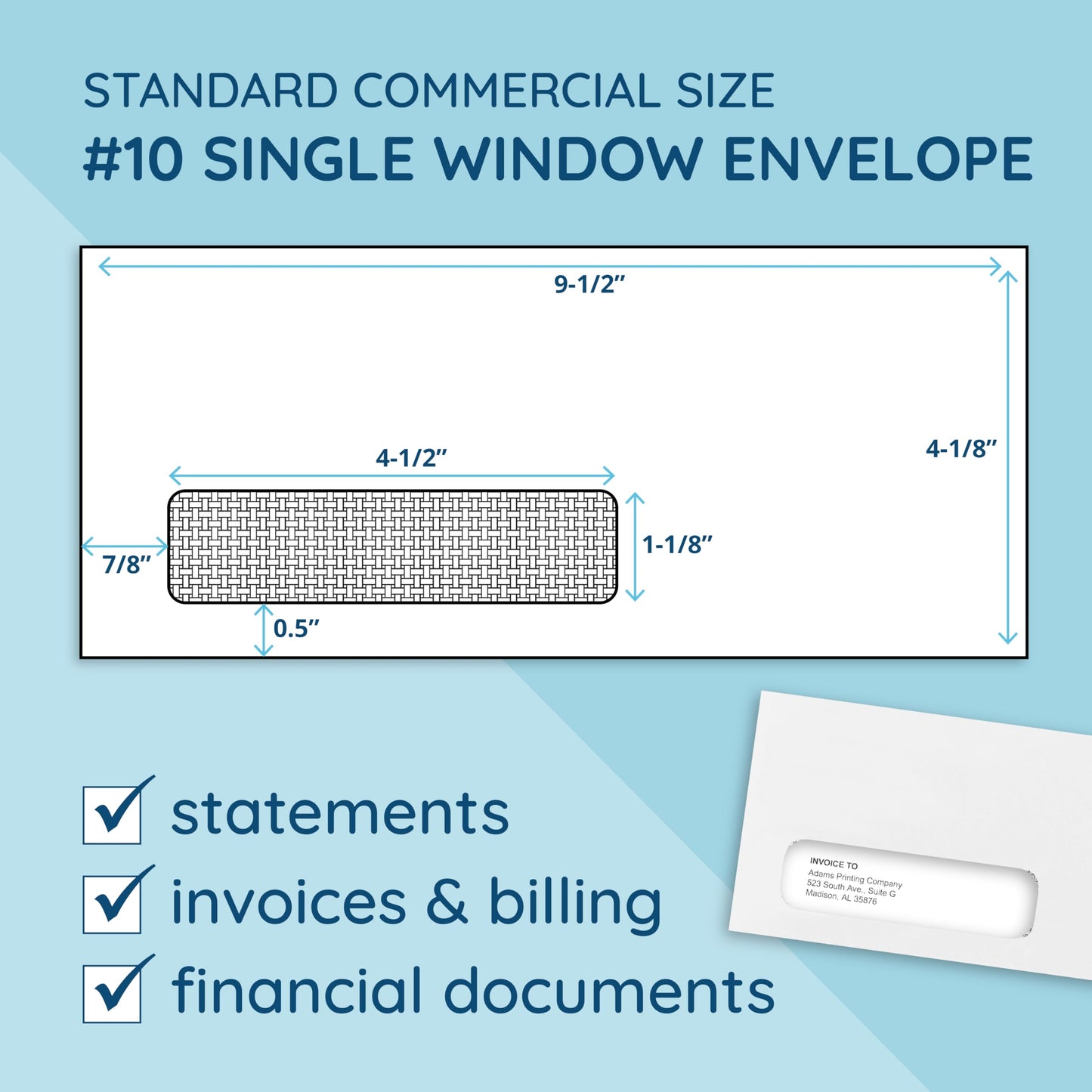 500 Number 10 Single Window Envelopes - Thick Gummed Seal - Designed for Secure Mailing of Quickbooks Checks, Invoices, Business Statements, Personal Letters - 4 1/8 x 9 1/2