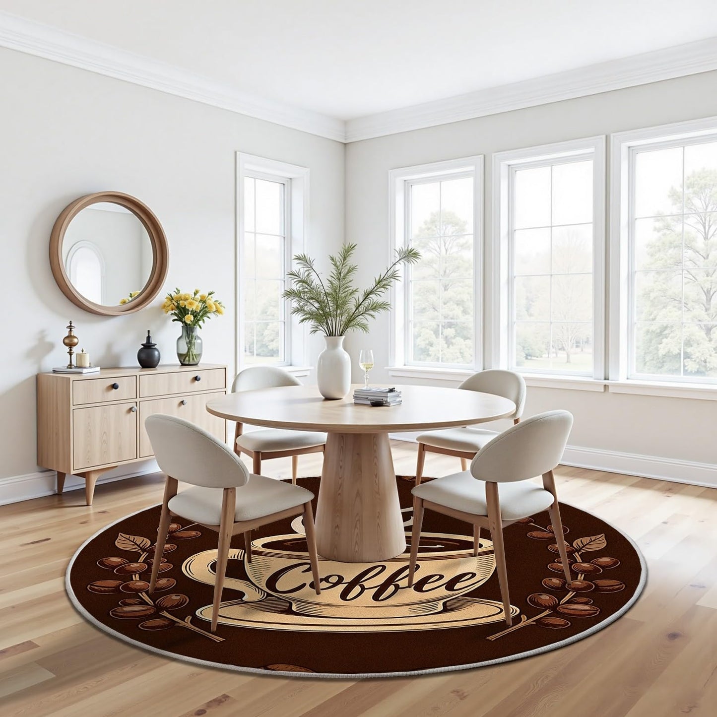 Egljss Round Washable Rugs 6ft, Coffee Cup Circle Area Rug for Bedroom, Coffee Bean Round Carpet for Living Room, Brown Circle Rug Non Slip for Dining Table Kitchen