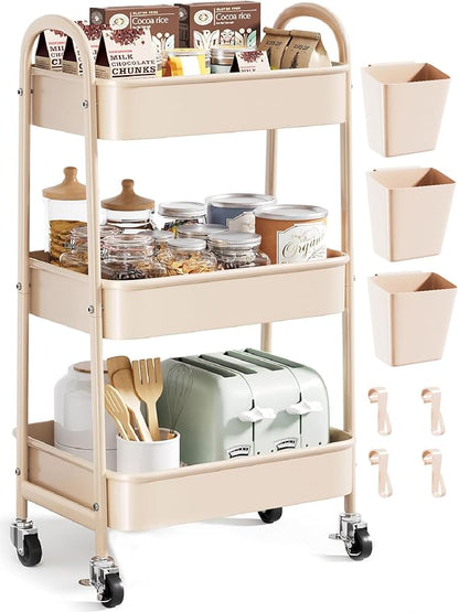 Beige 3 Tier Rolling Cart Metal on Wheels, Three Tiered Storage Organizer Utility Trolley with Wheels for Art, Craft, Baby Diaper Caddy, Snack, Book, Nail, Lash, Cleaning Supplies, Kitchen, Bathroom