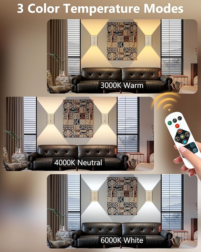 2 Pack Rechargeable Motion Sensor Wall Sconce – 5000mAh Wireless Battery Operated Wall Light, 3 Colors Up/Down Lighting Night Light with Remote Control for Indoor Stairs, Bedroom, Hallway (Wood)