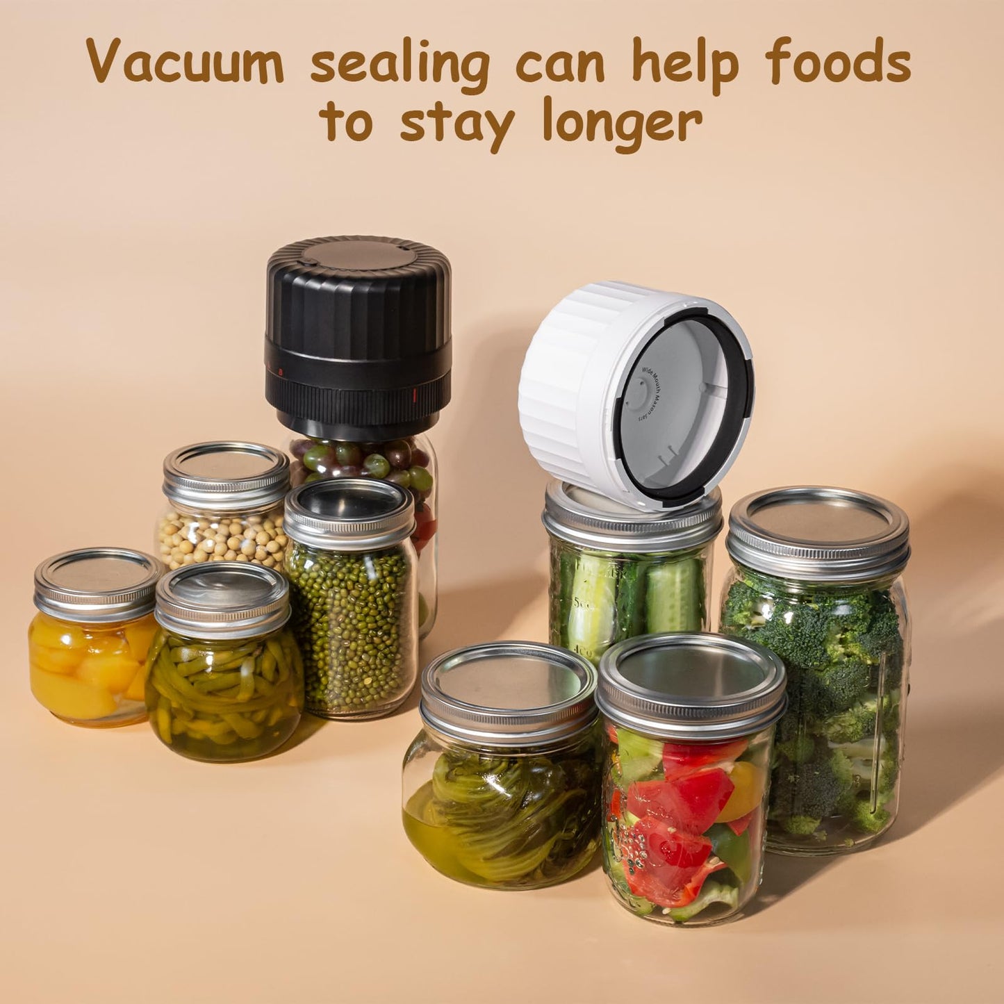 HTPOW Electric Mason Jar Vacuum Sealer - Fully Automatic Mason Jar Vacuum Sealer Kit for All Mason Jars with Regular Lids and Wide Mouth Lids, A Must-Have Tool for Canned Foods/Pantry - Black
