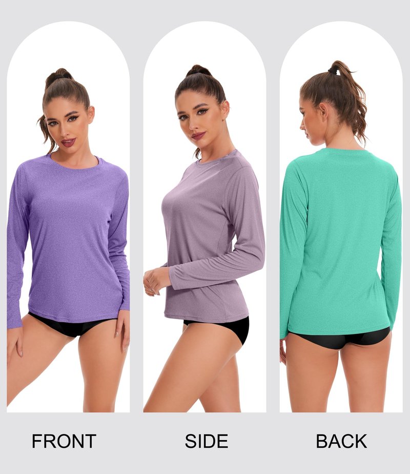 Kinglaman 6 Pack Women's Long Sleeve Workout Dry Fit Shirts, UPF 50+ Rash Guard SPF UV Sun Protection Shirts Crew Neck 1 Black 1 Gray 1 Blue 1 Purple 1 Dark Pink 1 Green Medium