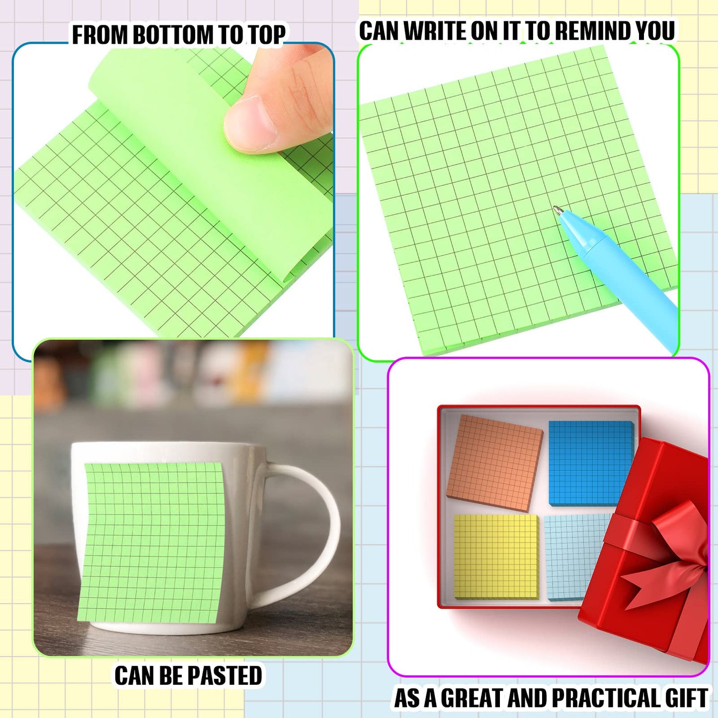 Geosar 24 Pack Lined Grid Sticky Notes 3 x 3 Inch Note Colorful Self Stick Notes Power Memo Pads Strong Adhesive Self Stick Note for Gifts School Office Supplies 8 Colors (Macaron Color)