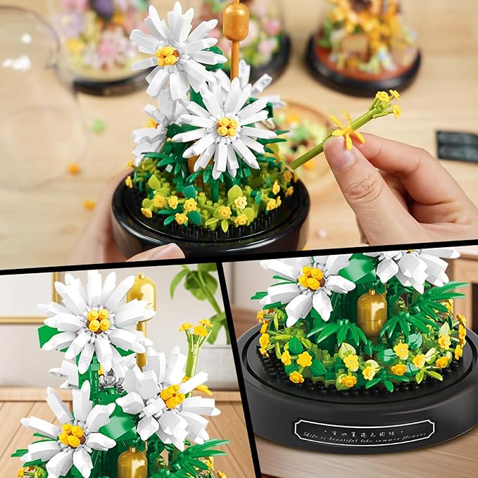 QLT QIAOLETONG Flower Bouquet Building Set 490 PCS White Daisy Mini Building Blocks Kit for Adults Flower Botanical Collection for Home Decor Mother's Day for Mom